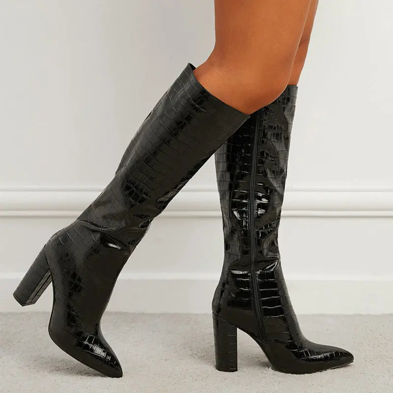 Fashion Boots Winter Pointed Toe High Square Heel Shoes With Side Zipper Mid-calf Boots Women Dropshipman