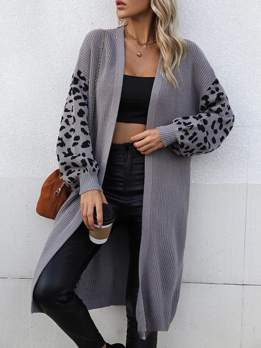 Women's Casual Long Solid Color Pattern Leopard Design Coat Cardigan For Women Dropshipman
