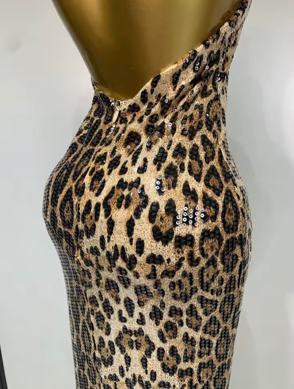 Sequin Leopard Print Prom Dress, Halter Neck Backless Evening Gown, Glam Mermaid High Collar Formal Dress, Animal Print Party Dress
