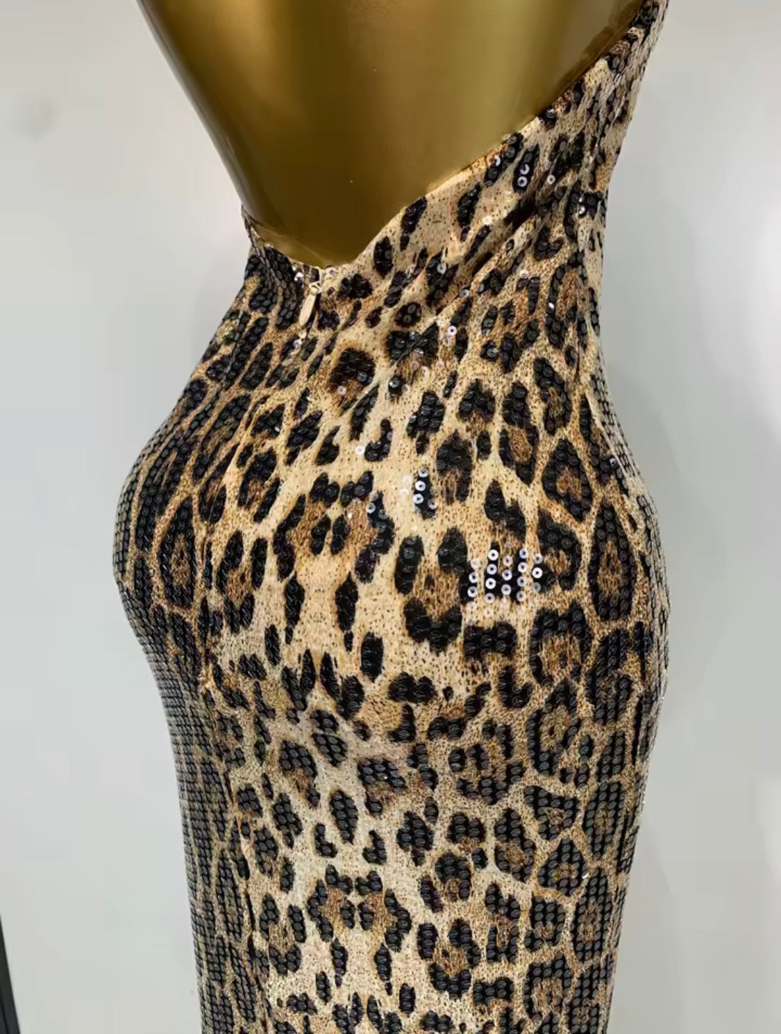 Sequin Leopard Print Prom Dress, Halter Neck Backless Evening Gown, Glam Mermaid High Collar Formal Dress, Animal Print Party Dress