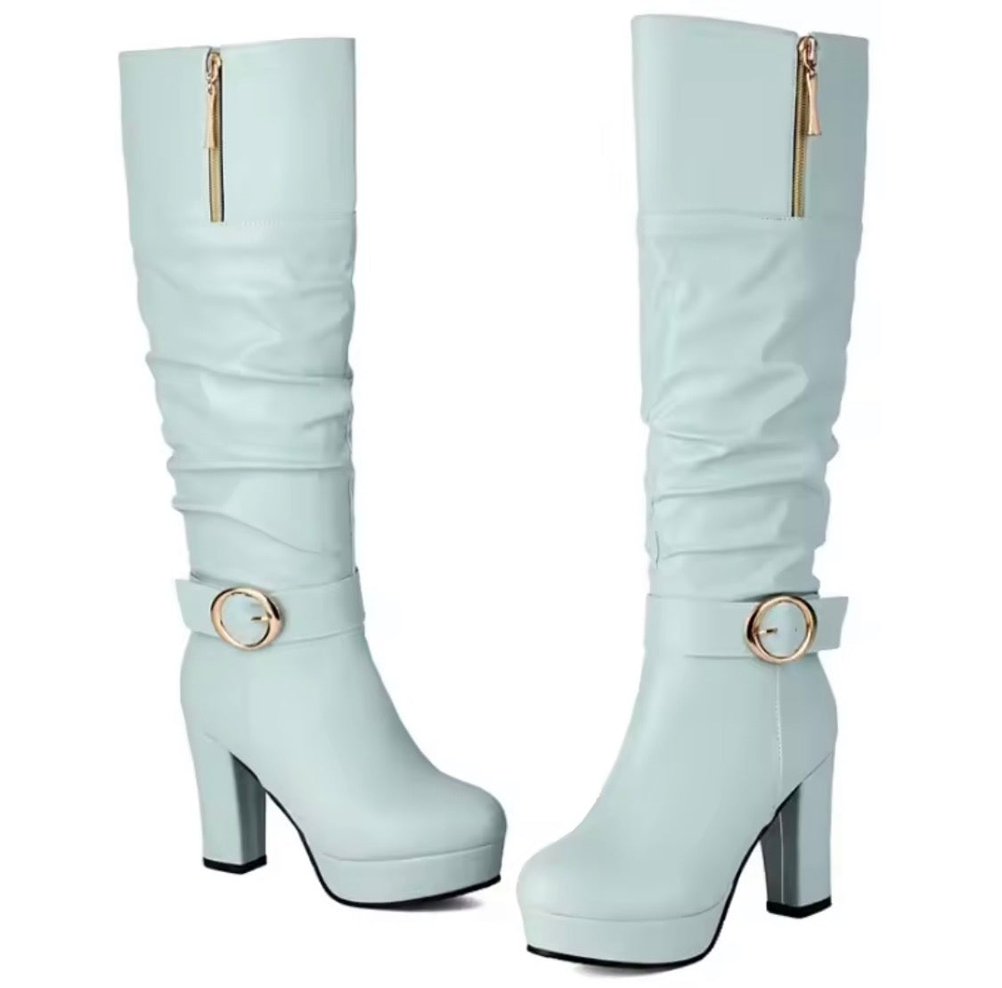 Women's Slouchy Knee High Boots Chunky High Heel Platform Buckle Strap Long Boots Side Zipper Dress Booties