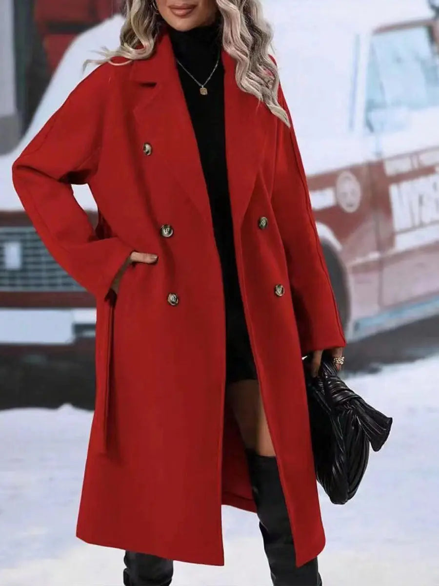 Lapel Double-breasted Trench Coat With Belt Winter Fashion Solid Color Long Jacket Outwear Women Clothing - JNi3 shop