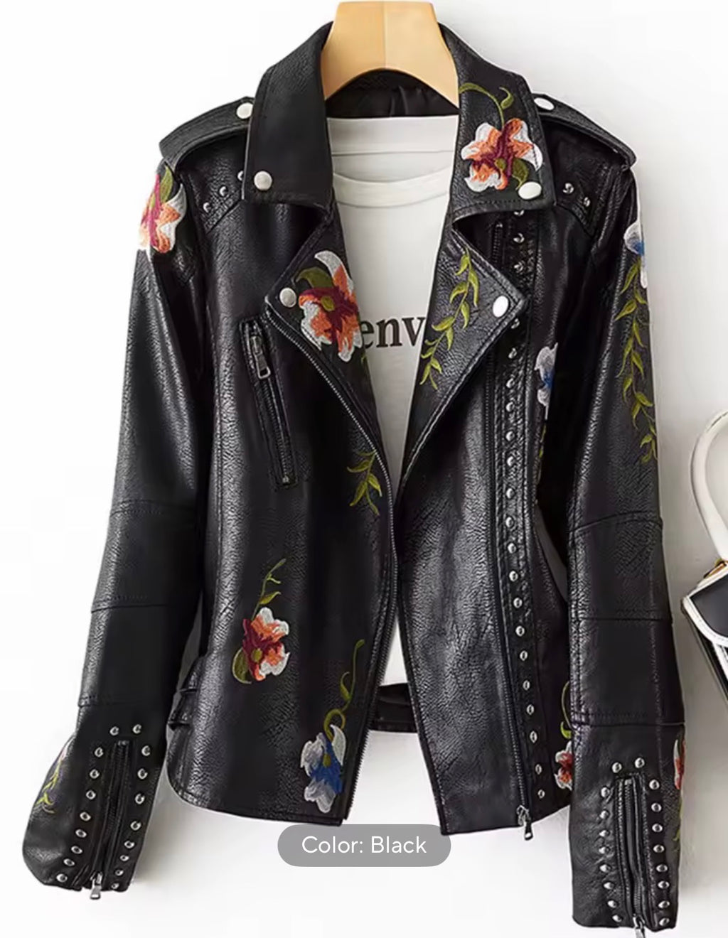 Women's Vintage Floral Embroidered Faux Leather Moto Jacket – Studded Asymmetric Biker Coat