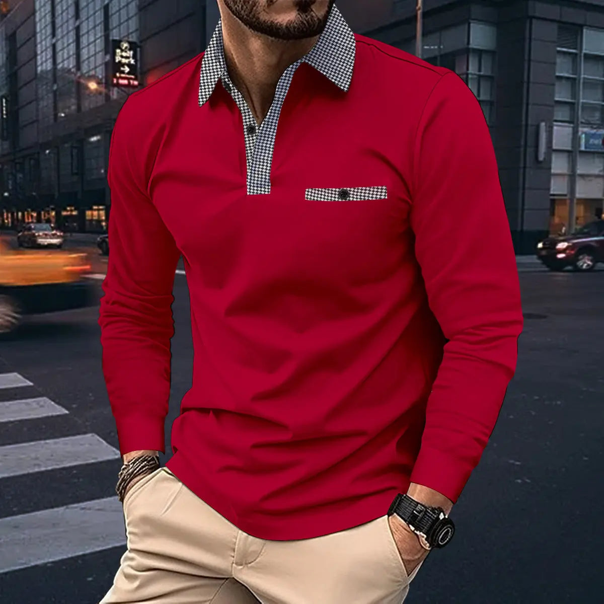 Leisure Plaid Lapel Polo Shirt Fashion Solid Color Long Sleeve Tops Men's Clothing Dropshipman
