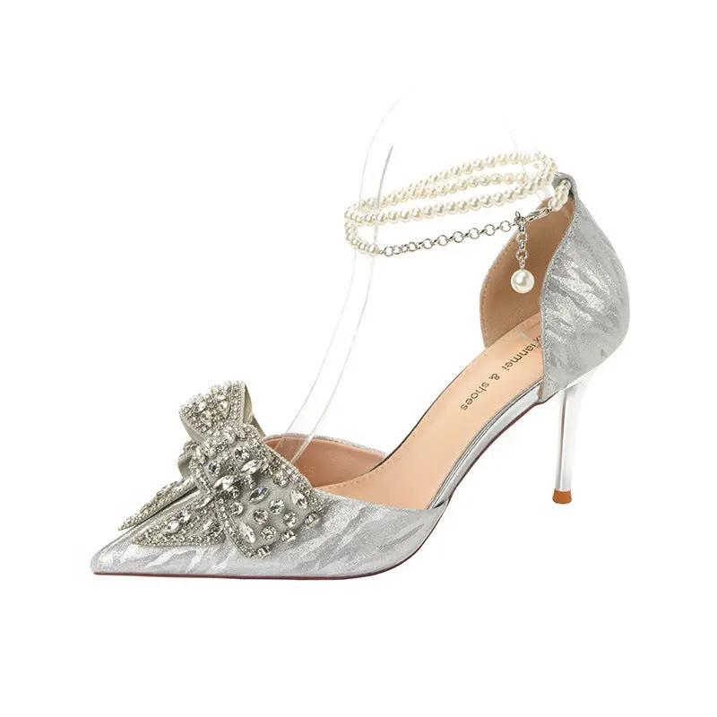 Rhinestone Bow Pointy Hollow Pearl Heels Cjdropshipping