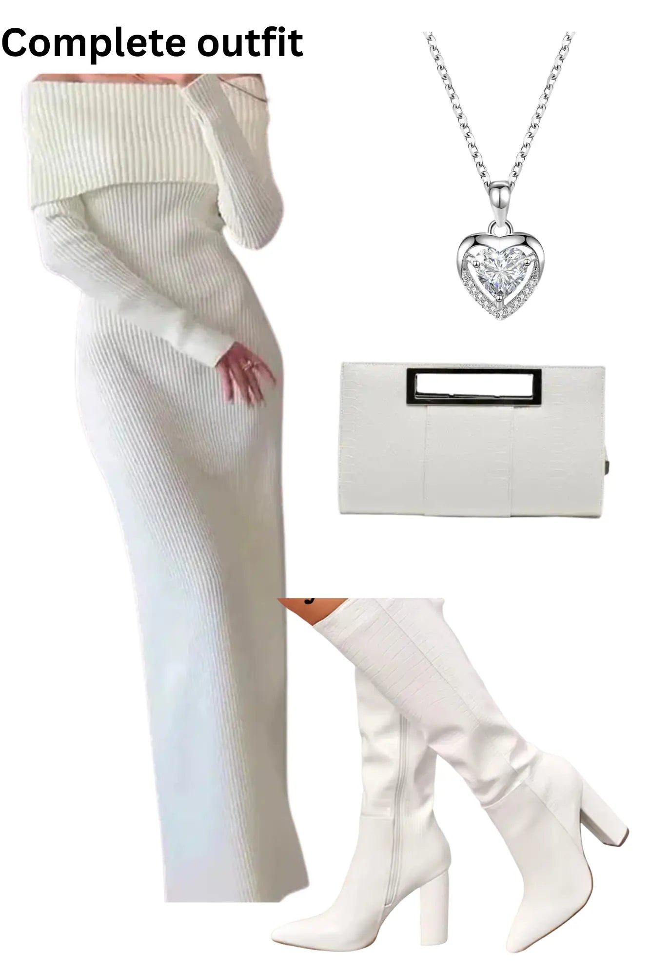 Ultimate Red Luxe Night Out Ensemble - Off-Shoulder Knit Dress, Knee-High Crocodile Boots, Statement Necklace & Clutch