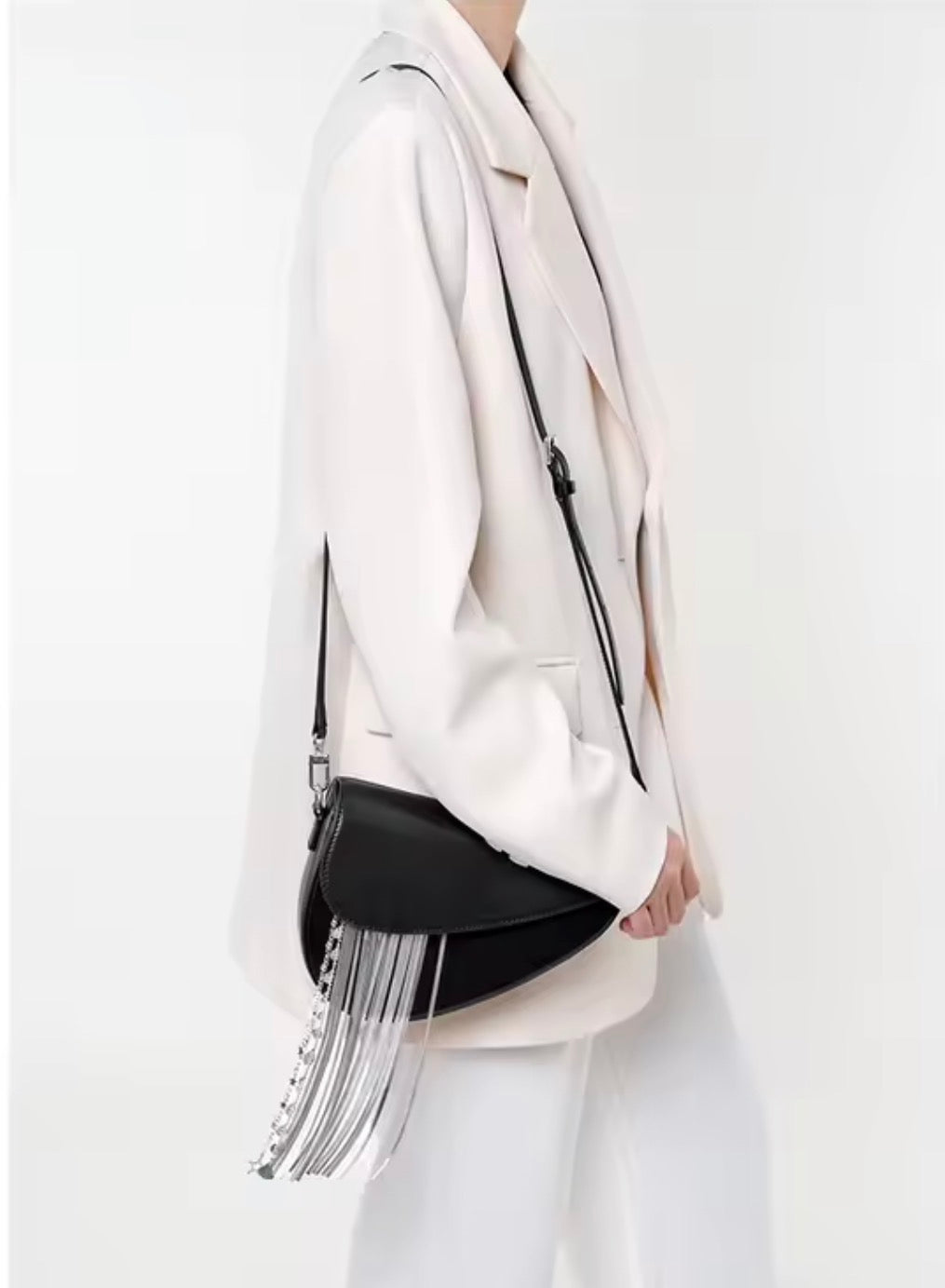 Bafelli Black Saddle Bag with Crystal Fringe & Silver Chain | Luxury Designer Handbags