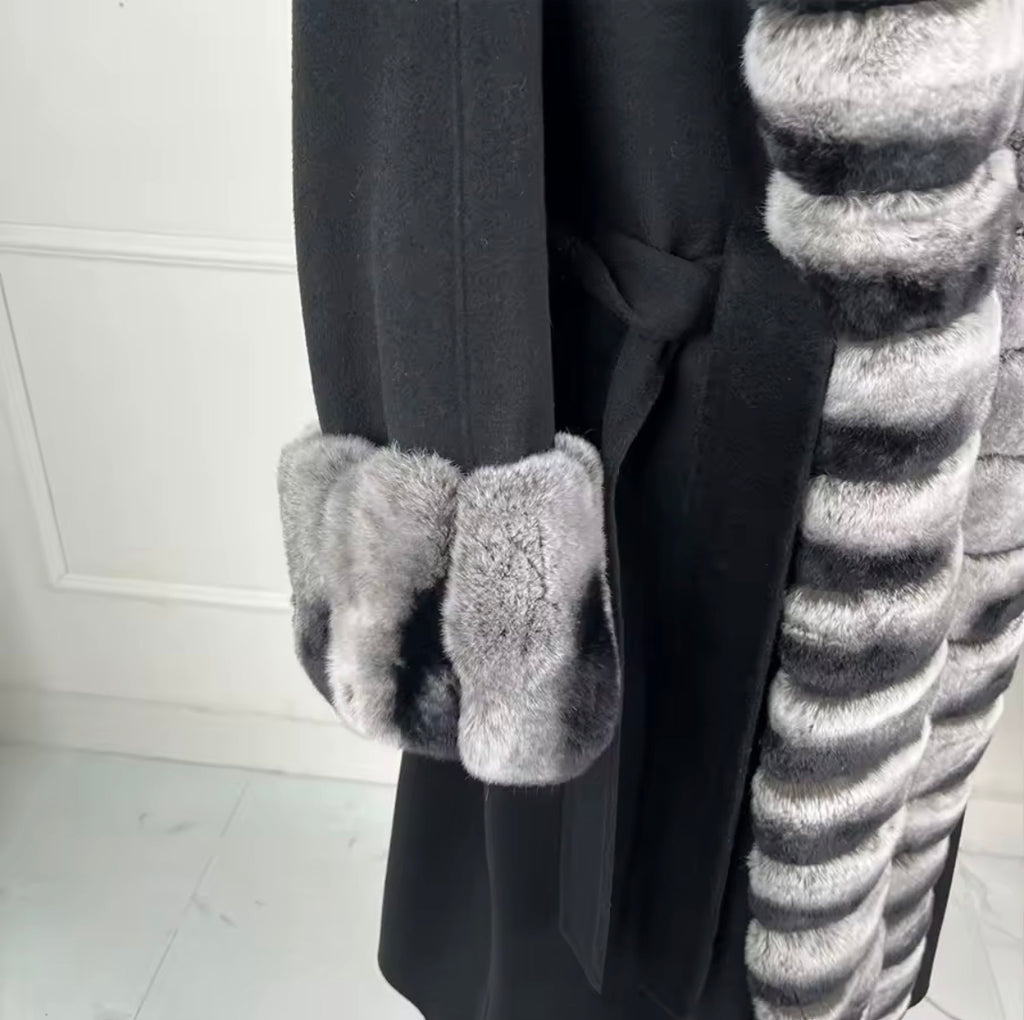 Long Luxury Wool & Cashmere Blend Coat for Women – Winter Warmth with a Genuine Silver Fox Fur Trim & Belted Waist