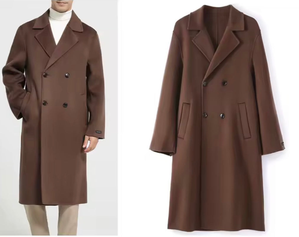 Men's 100% Cashmere Coat]Long Double Sided Overcoat]Classic Double Breasted Winter Trench Jacket]Formal Luxury Outerwear