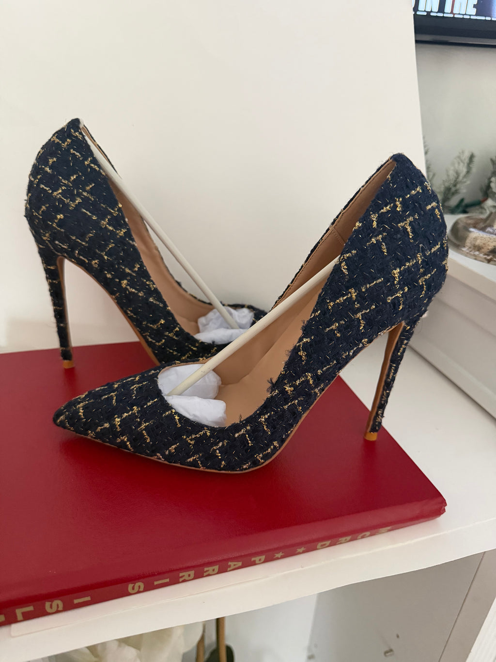 Navy Blue Tweed Belted Midi Dress and Pointed-Toe 12cm Stiletto Pump Set | 2-Piece