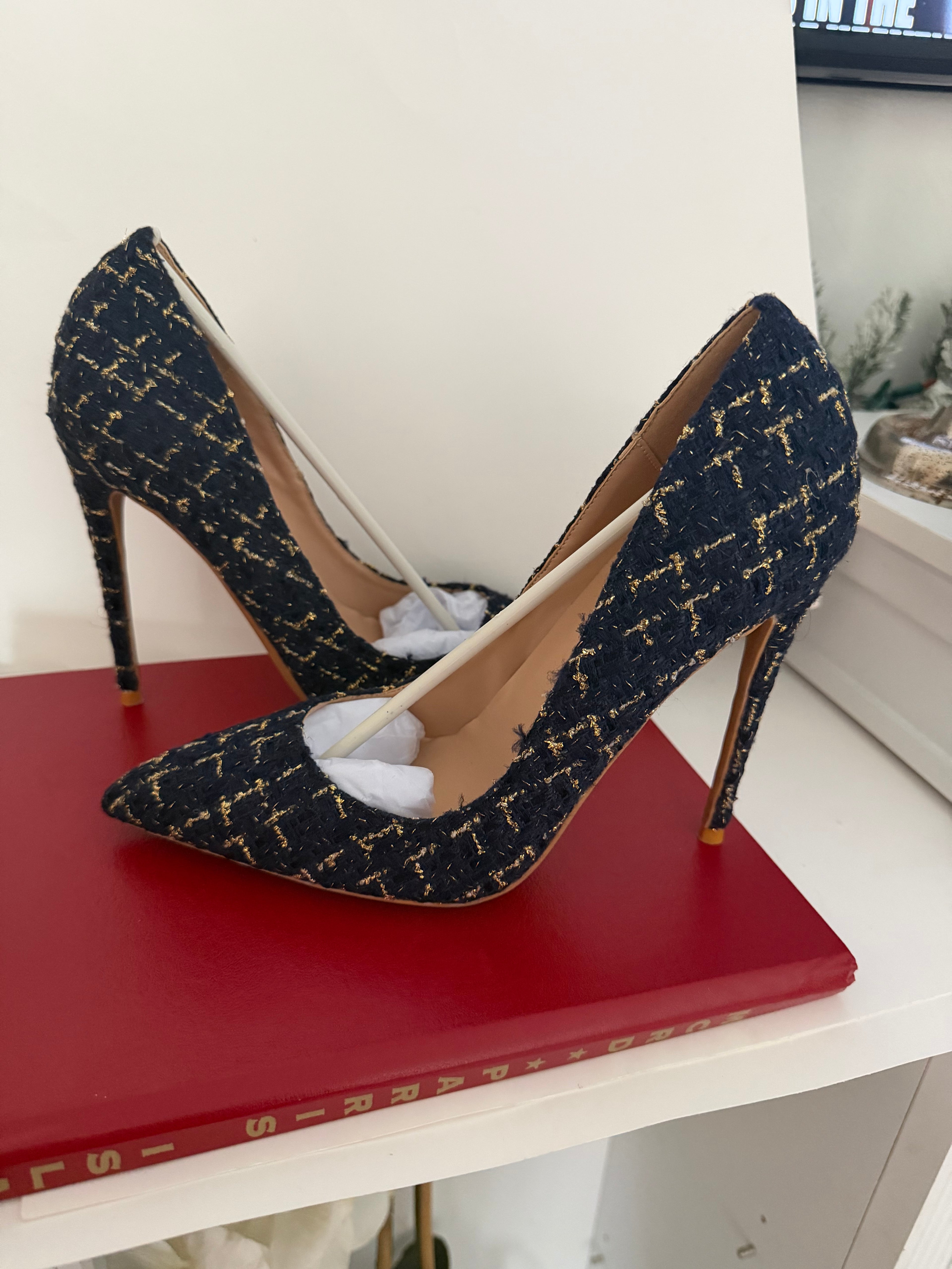 Navy Blue Tweed Belted Midi Dress and Pointed-Toe 12cm Stiletto Pump Set | 2-Piece
