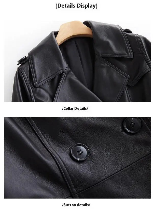 Black Long Tie Double Breasted Leather Wind Coat - JNi3 shop