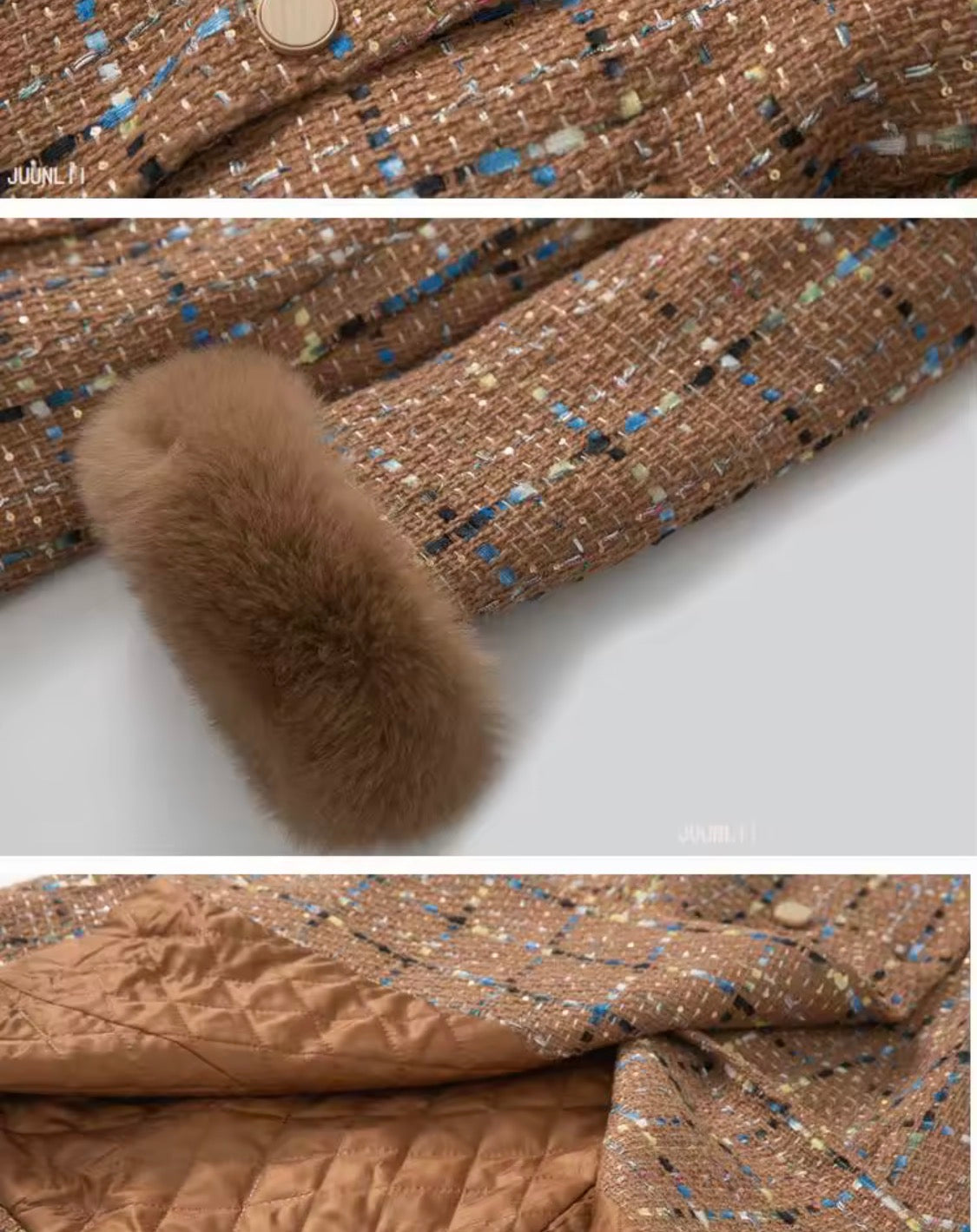 Women’s Long Tweed Plaid Trench Coat, Double-Breasted Winter Overcoat with Faux Fur Cuffs, Elegant Vintage Midi Jacket