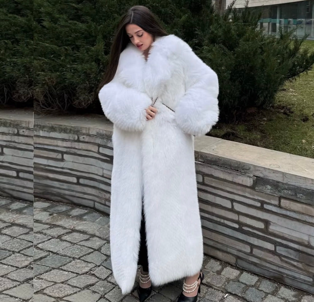 Luxury Women's White Faux Over Coat - Elegant Long Faux Fur Jacket with Oversized Collar for Winter