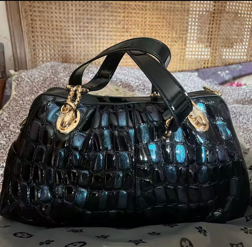 Gradient Leather Satchel Bag, Crocodile Print Top Handle Handbag