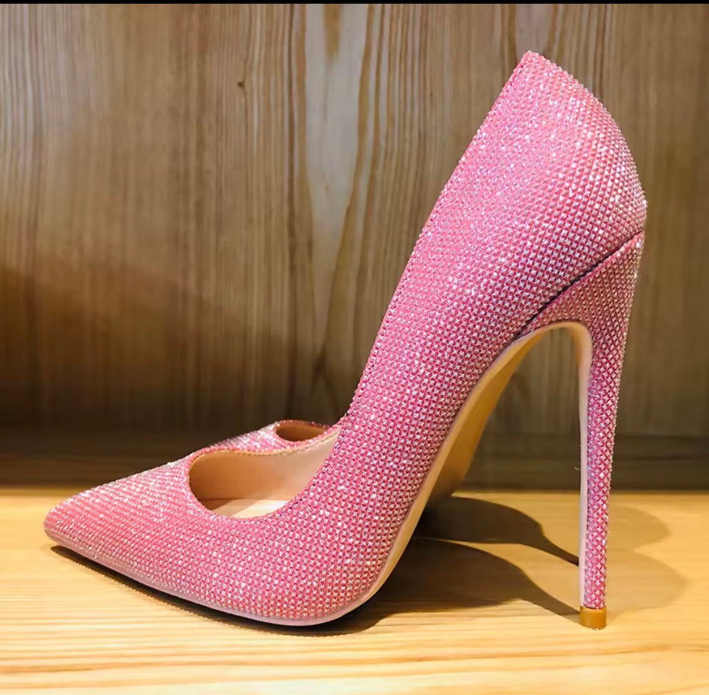 Pink Rhinestone Heels, Sparkly Crystal Stiletto Pumps, Pointed Toe Bling High Heels, Glam Wedding Shoes, Prom & Evening Shoes, Statement Heels