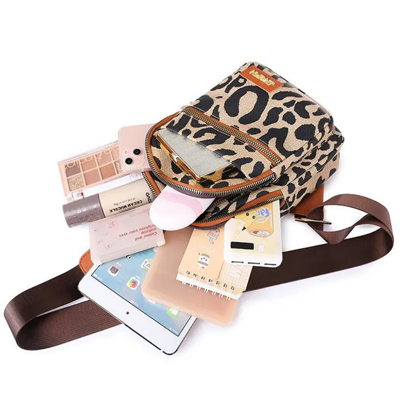 Leopard Print Sling Chest Bag With Headphone Jack Crossbody Backpack Shoulder Bag Women JNi3 shop