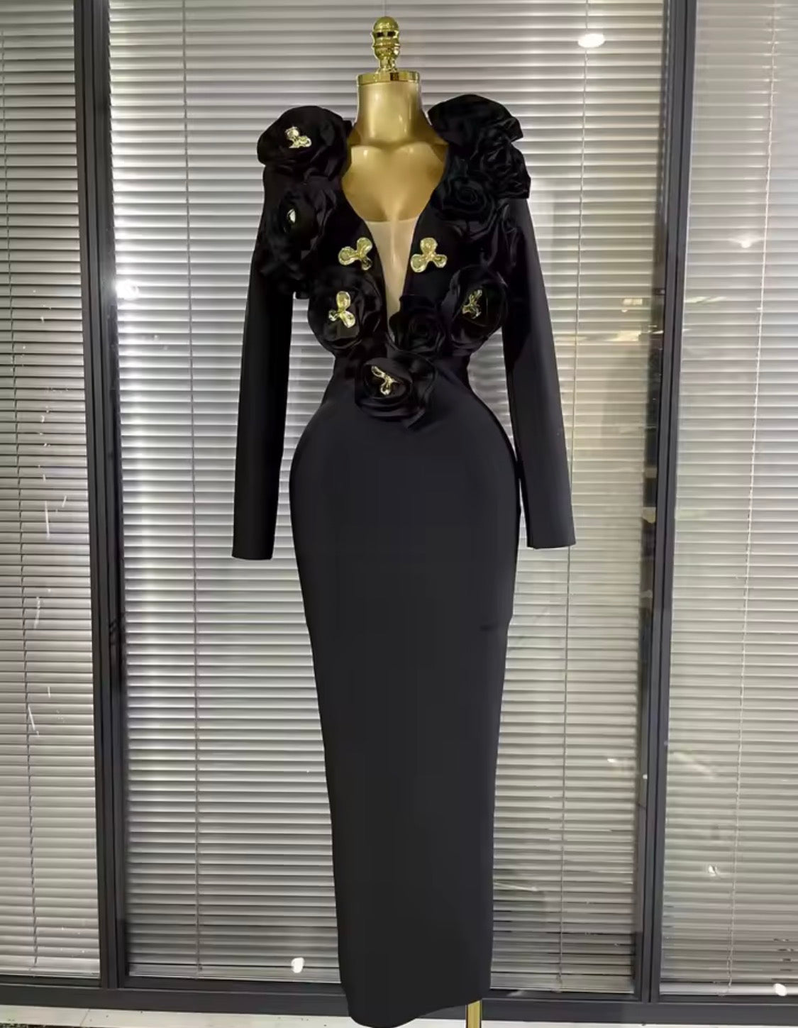 Luxury 3D Rose Floral Accent Long Sleeve Maxi Bandage Dress – Elegant Evening Gown