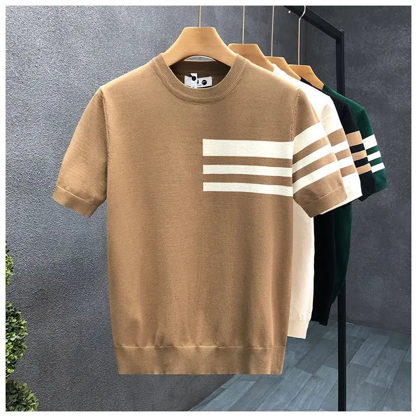 Trendy All-match Round Neck Knitted Short Sleeve Contrast Color Thin T-shirt Dropshipman