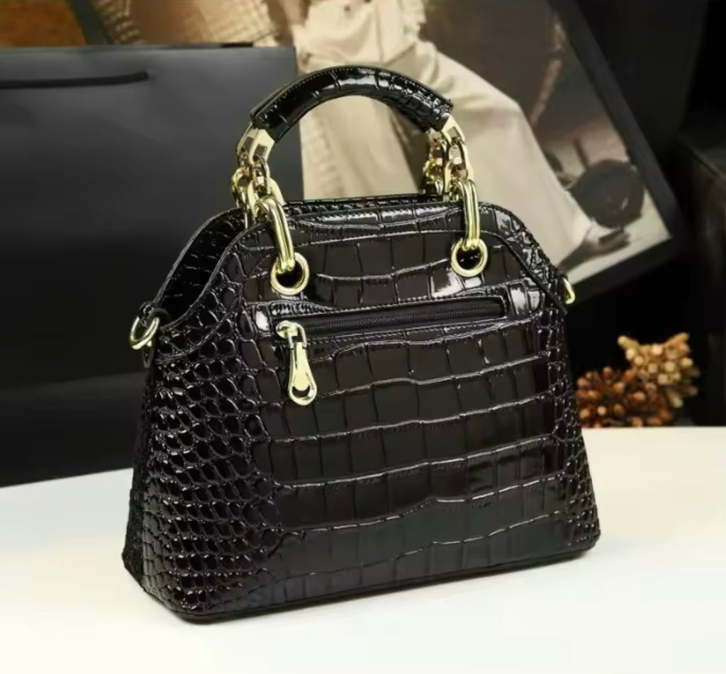 Luxury Crocodile Pattern Lacquer Leather Handbag – Rhinestone Diamond Inlaid Rose Embossed Single Shoulder & Crossbody Bag