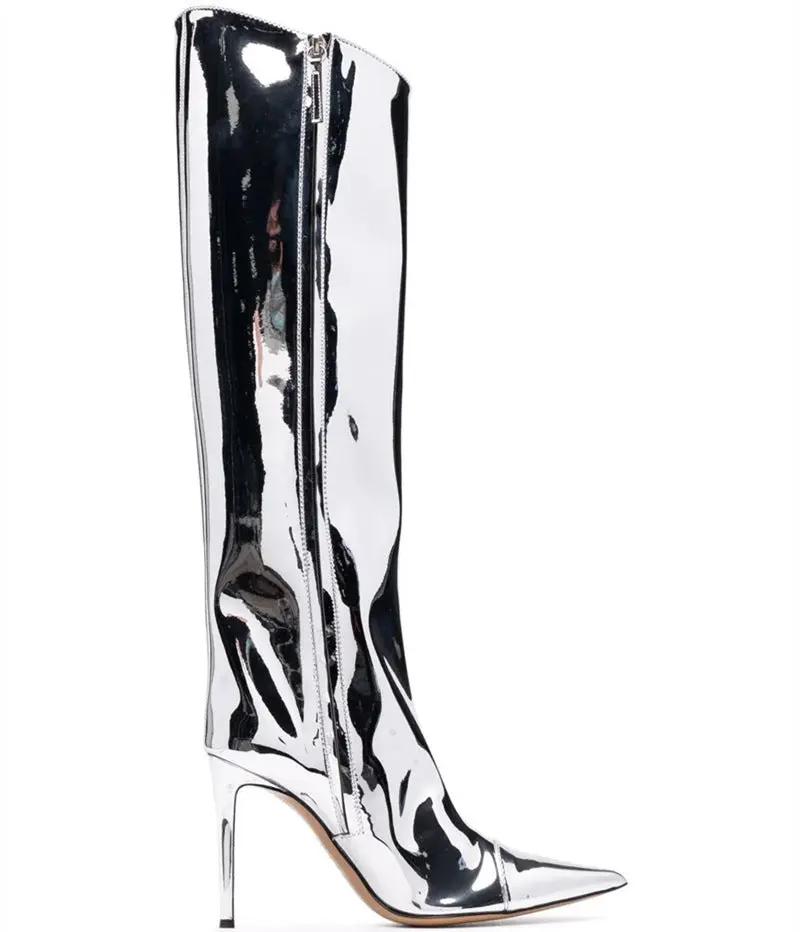 Women's High Heel Pointed Toe Symphony Patent Leather Knee Boots Cjdropshipping