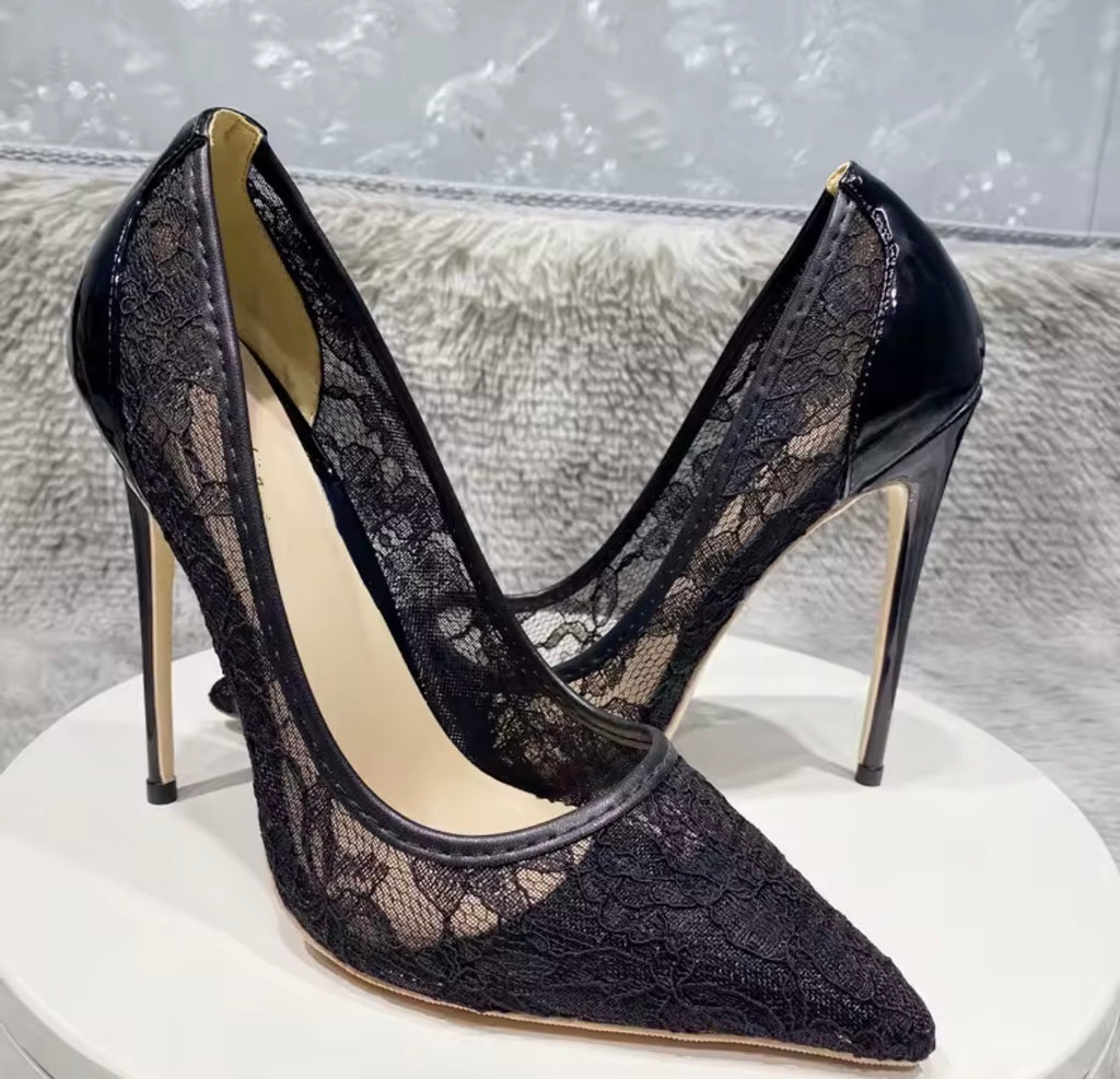 Black Lace Mesh High Heels with Bow Accents | Pointed Toe Stiletto Pumps | Pearl, Rhinestone & Classic Lace Wedding & Evening Shoeshine