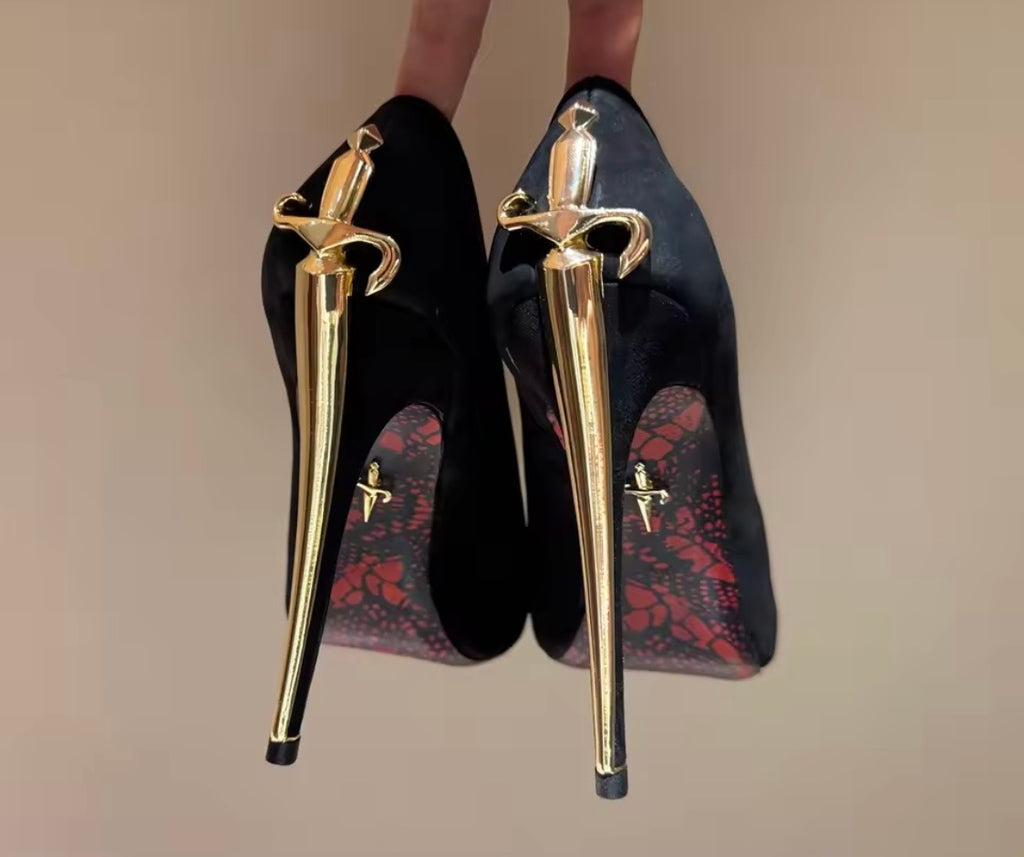 Black Leather Purse and Shoe Set | Gold Accent Boots or Heels, Genuine Leather, Cowhide