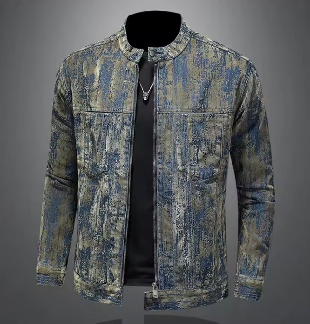 Men’s Distressed Acid-Wash Denim Jacket | Vintage style Moto Biker Stand Collar Zipper Jean Jacket