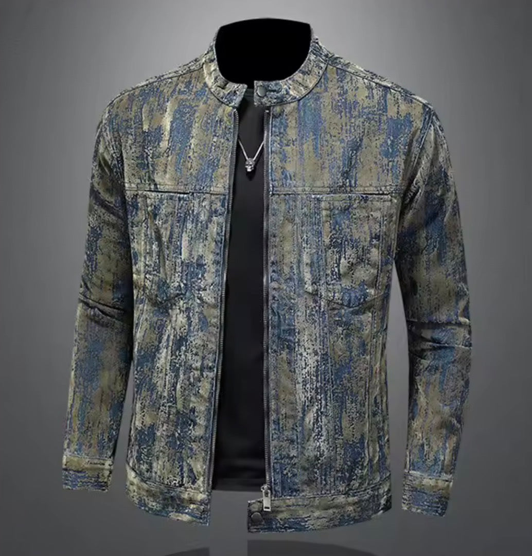 Men’s Distressed Acid-Wash Denim Jacket | Vintage style Moto Biker Stand Collar Zipper Jean Jacket