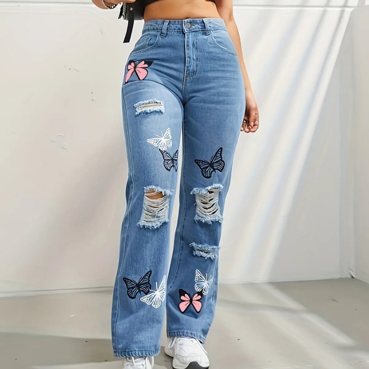 High Waisted Straight Leg Jeans For Women Trendy Butterfly Print Ripped Distressed Denim Pants JNi3 shop