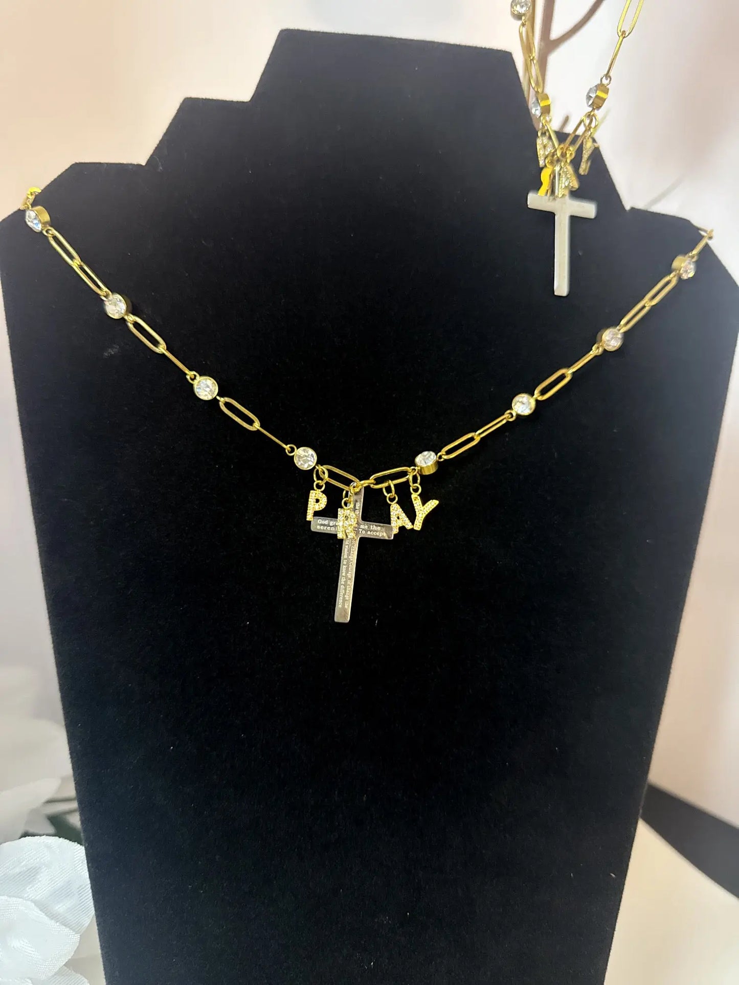 18K Gold PVD “PRAY” Cross Charm Necklace – Non-Tarnish Stainless Steel with CZ Accents - JNi3 shop
