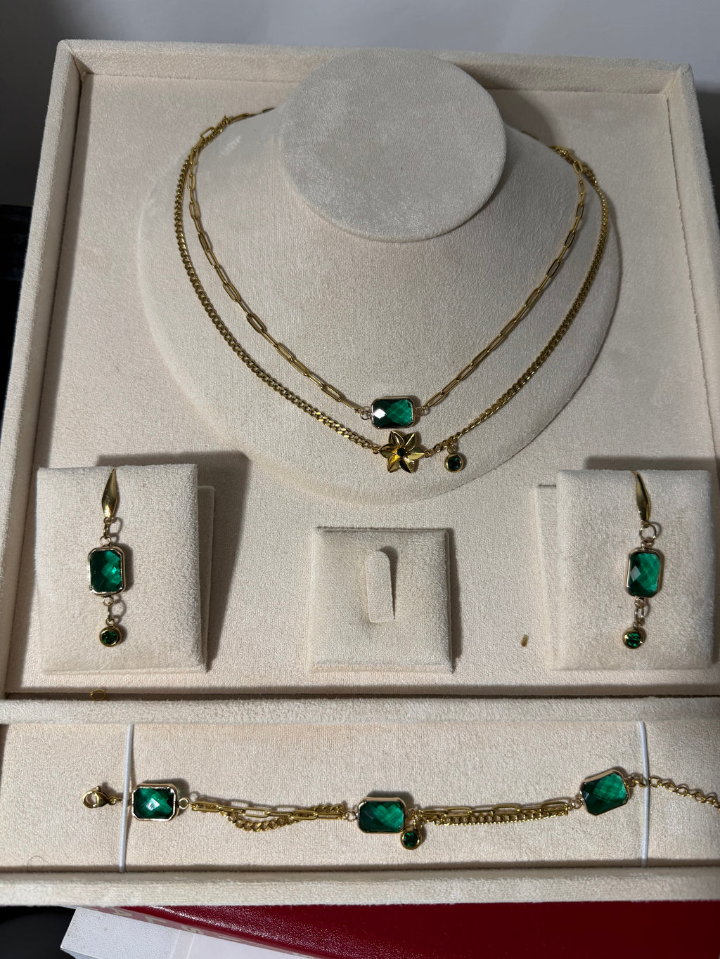18k Gold PVD Birth Month double layered pendant Necklace, Bracelet and Earrings 3 pce set.