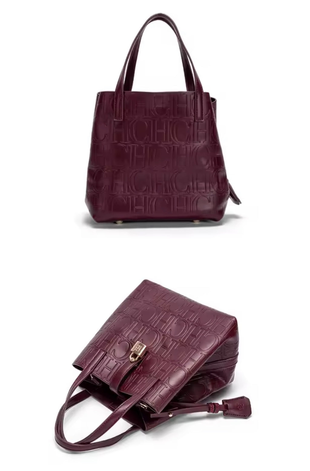 Designer-Inspired Embossed Monogram Tote Bag – Luxury PU Leather Top-Handle Handbag & Crossbody Purse with Lock Detail