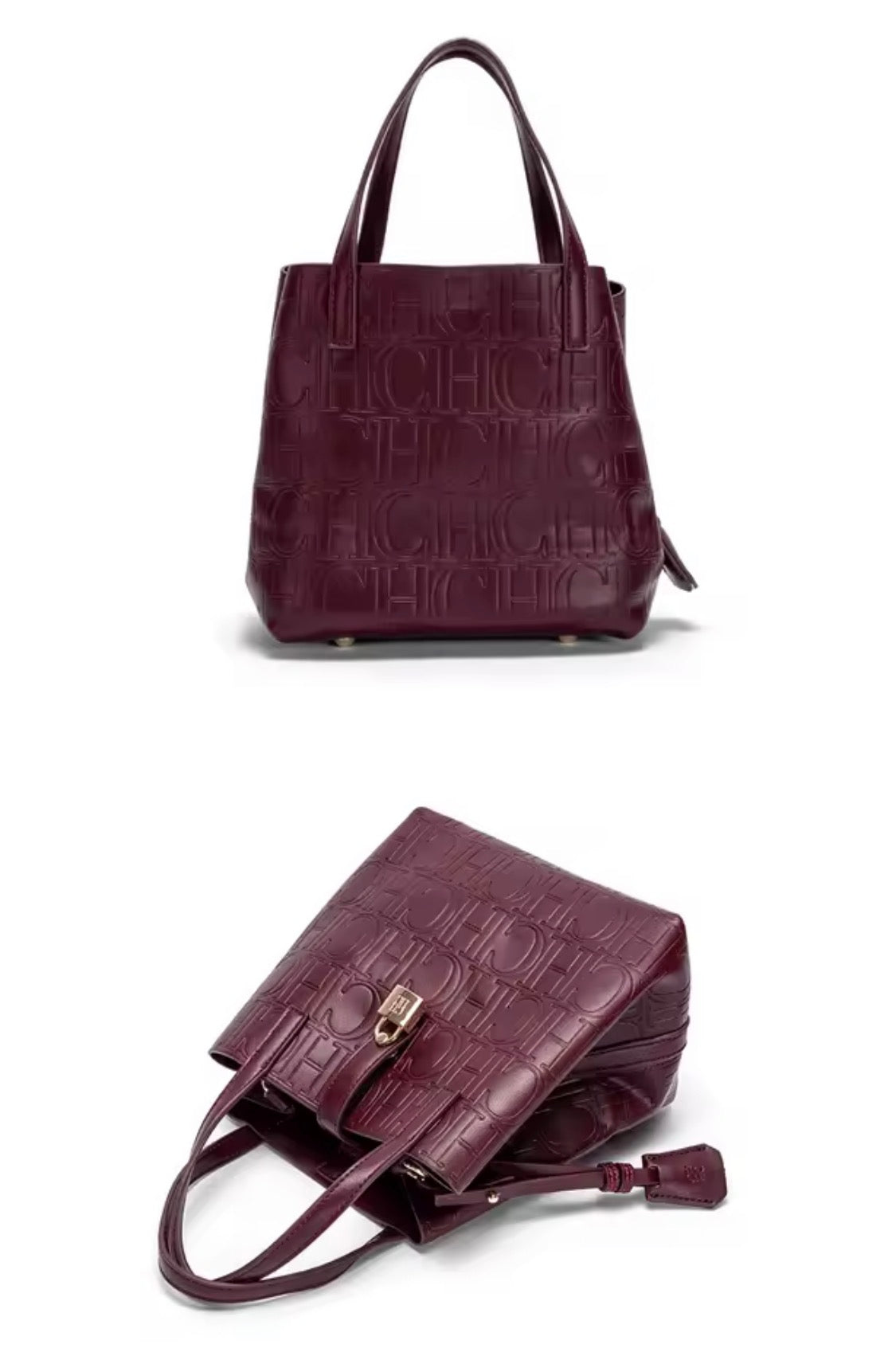 Designer-Inspired Embossed Monogram Tote Bag – Luxury PU Leather Top-Handle Handbag & Crossbody Purse with Lock Detail