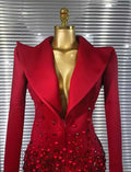 Luxury Crystal Rhinestone Blazer Mini Dress, Beaded Fringe Formal Party Gown, Sculptural Lapel Evening Cocktail Dress, Birthday Outfit Women
