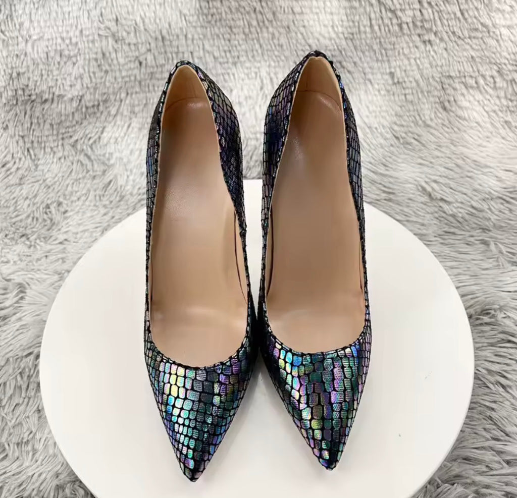 Iridescent Metallic Snake-Scale High Heels, Pointed Toe Stilettos