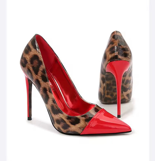 Leopard Print Stiletto Pumps | Red Pointed Toe & Gold Hardware Designer Heels