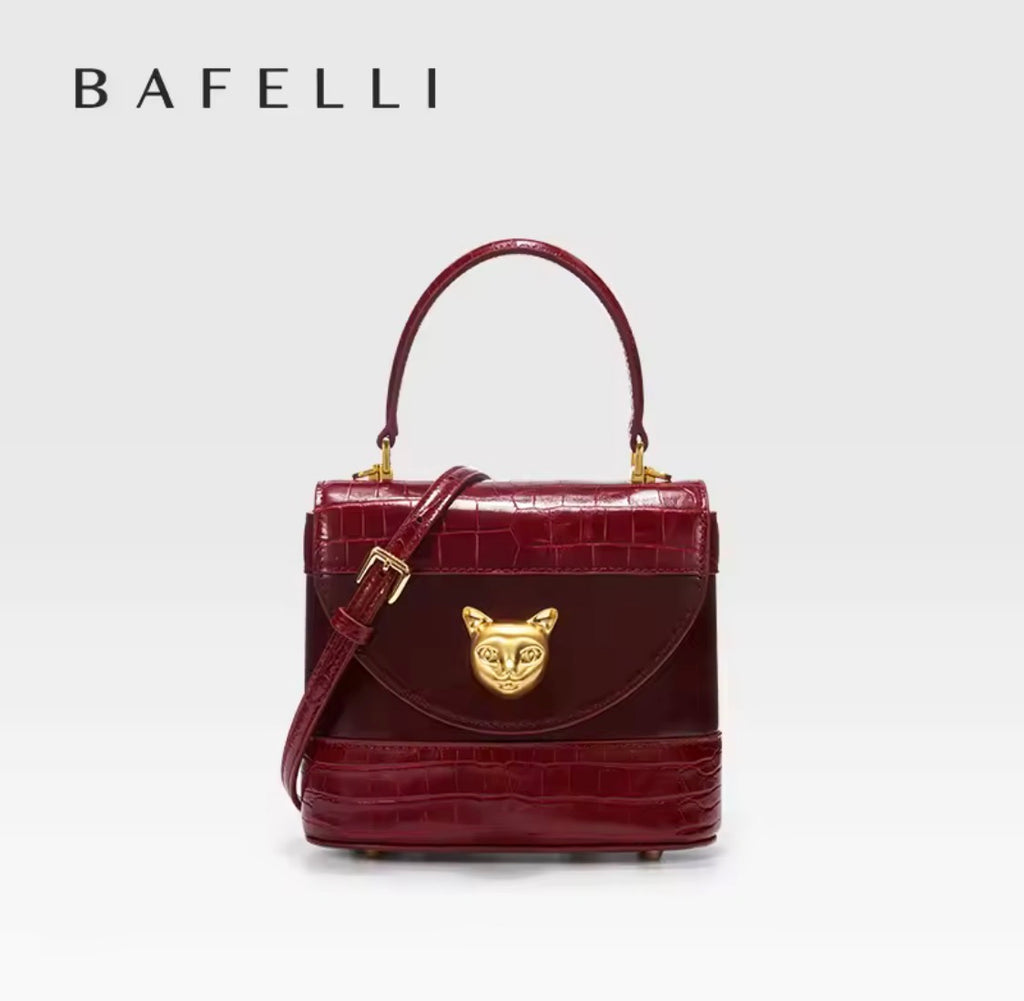 BAFELLI Designer Genuine Leather Crocodile Grain Bucket Bag – Luxury Cat Accent Crossbody Purse & Evening Shoulder Handbag