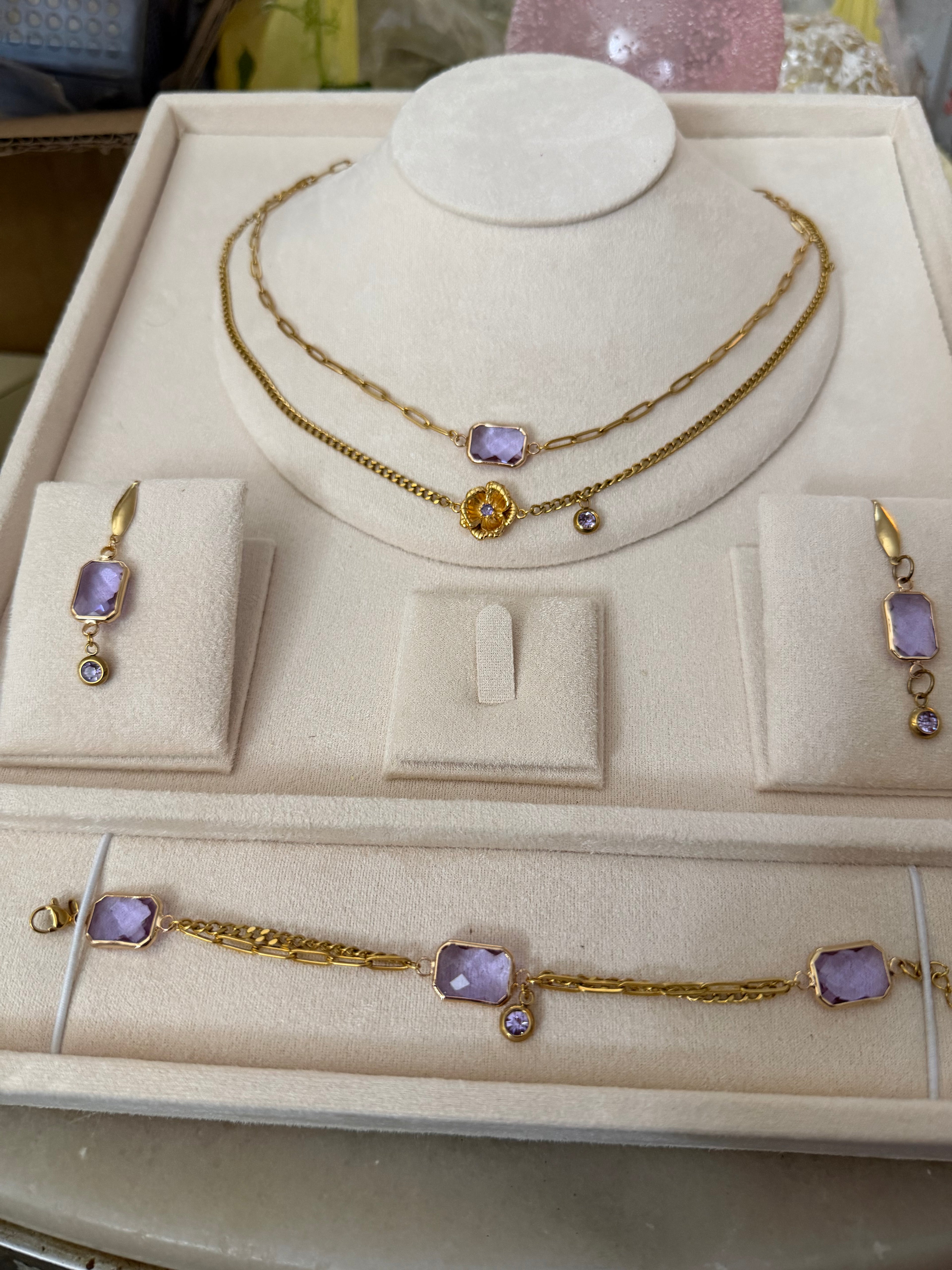 18k Gold PVD Birth Month double layered pendant Necklace, Bracelet and Earrings 3 pce set.