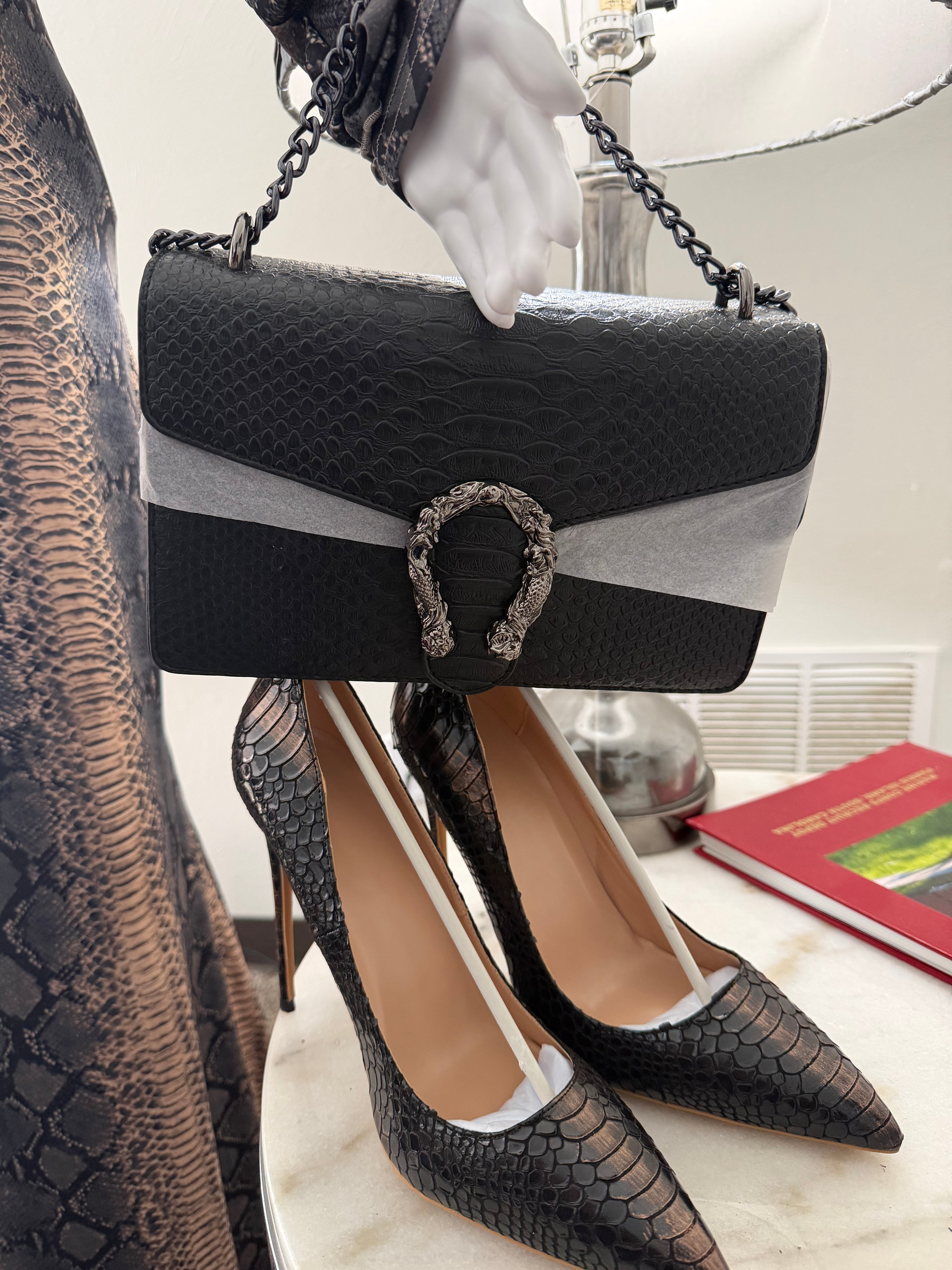 Serpentine Ensemble: Snake Print Maxi Dress, Charcoal Handbag & Stilettos | Complete Outfit, Animal Print Fashion