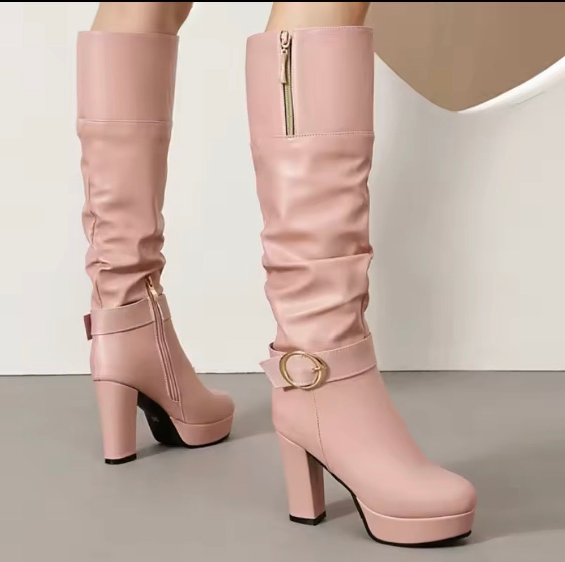 Women's Slouchy Knee High Boots Chunky High Heel Platform Buckle Strap Long Boots Side Zipper Dress Booties