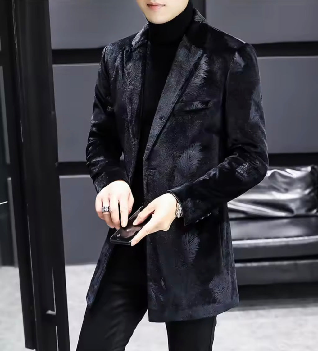 Men's Luxury Velvet Feather Embossed Longline Blazer | Slim Fit Mid-Length Tuxedo Jacket Coat in Black & Royal Blue