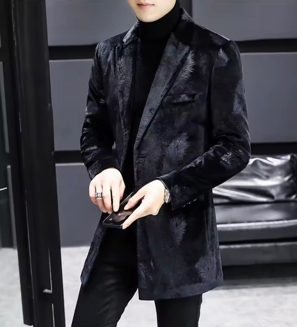 Men's Luxury Velvet Feather Embossed Longline Blazer | Slim Fit Mid-Length Tuxedo Jacket Coat in Black & Royal Blue