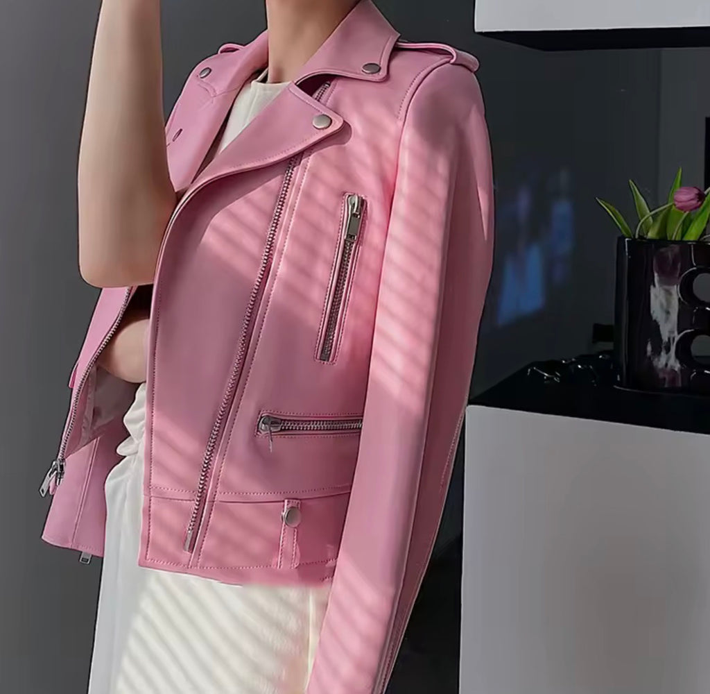 Pink Leather Moto Jacket for Women, Genuine Leather Biker Jacket, Pastel Pink Motorcycle Jacket