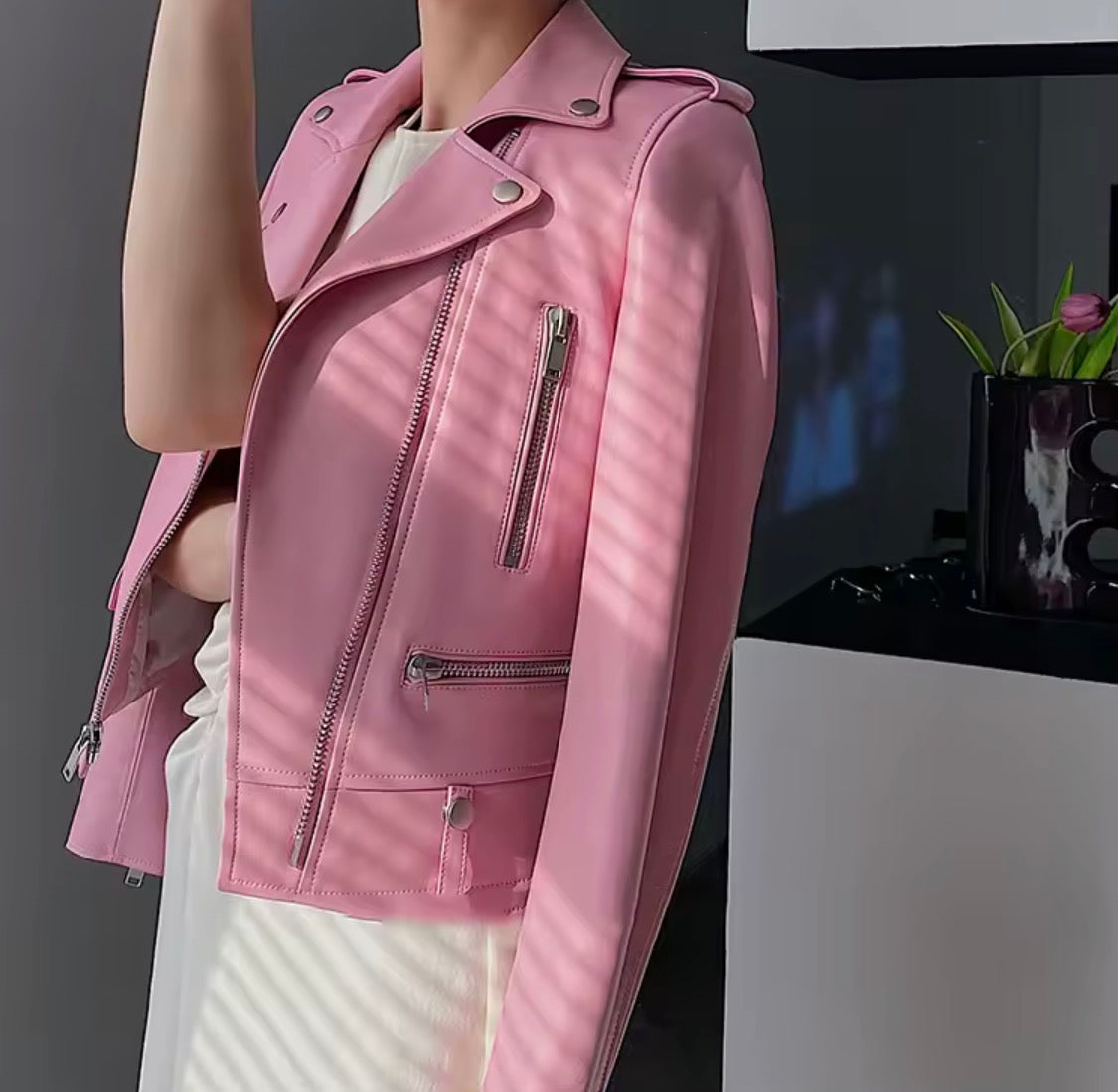 Pink Leather Moto Jacket for Women, Genuine Leather Biker Jacket, Pastel Pink Motorcycle Jacket