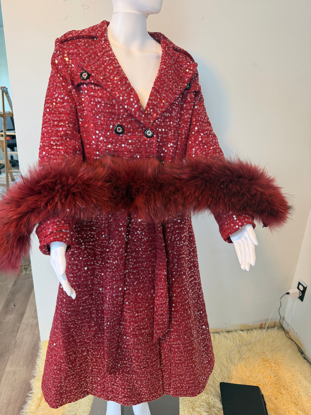 Elegant Sparkly Tweed Long Sequin Trench Belted Evening Overcoat with fur collar