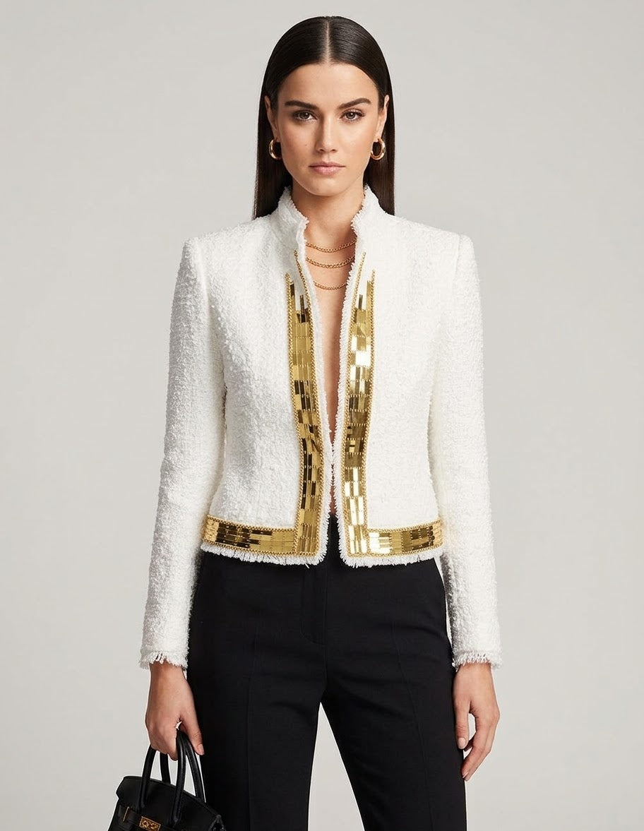 Women White Bouclé Tweed Jacket with Gold Chain Sequin Trim | Open Front Elegant Cropped Blazer, Vintage Style Evening Party Coat