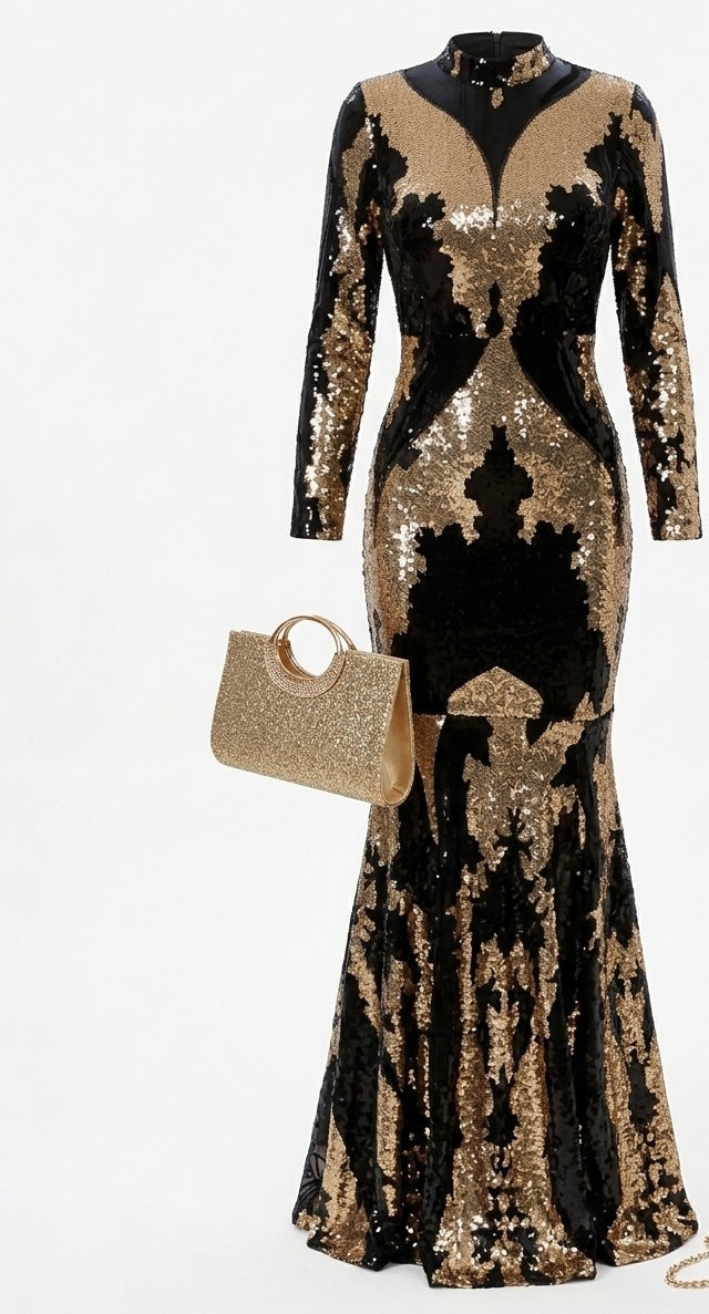 3 piece Black & Gold Sequin Evening Gown with Black Pumps and Gold Clutch set