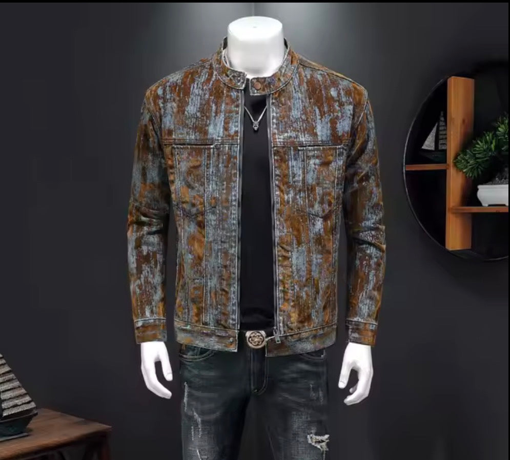 Men’s Distressed Acid-Wash Denim Jacket | Vintage style Moto Biker Stand Collar Zipper Jean Jacket