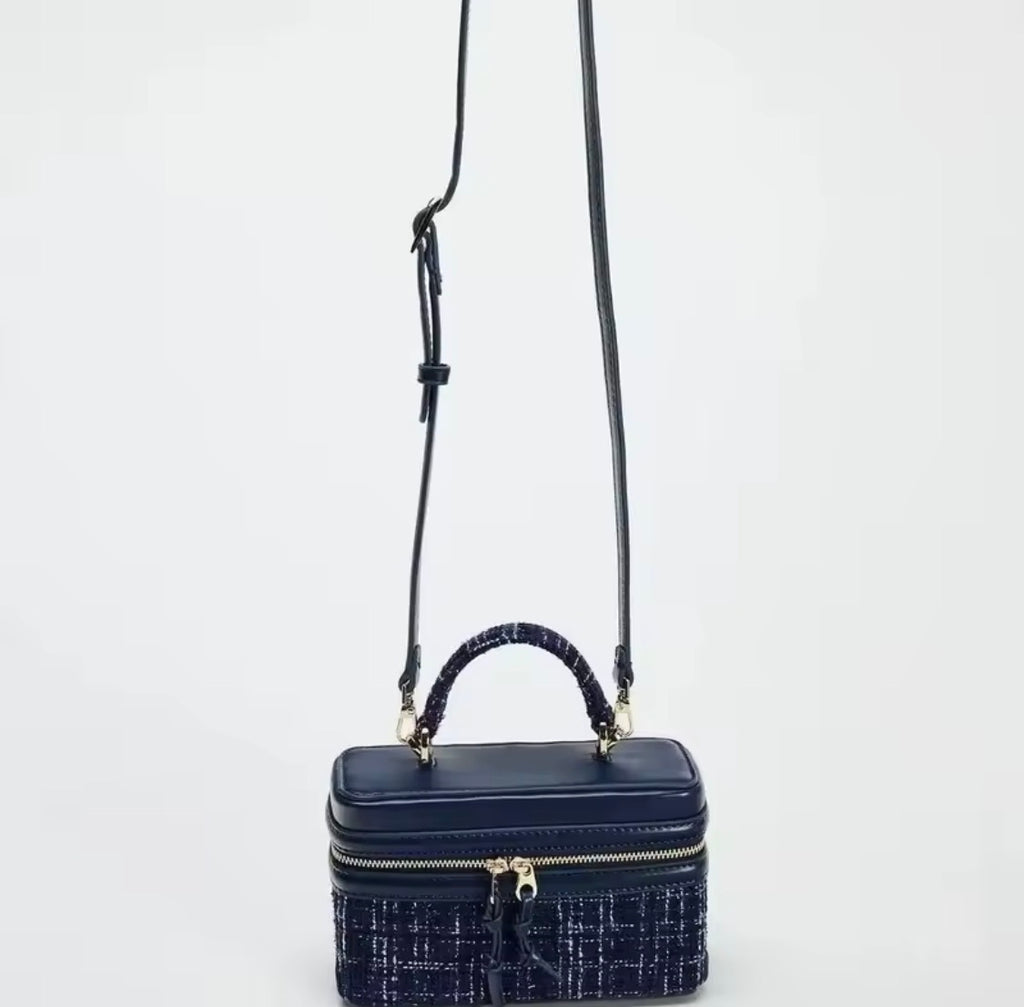 The Baroque Sapphire Complete Outfit Set | Navy Blue Tweed Bow-Tie Dress, Matching Stiletto Heels, Structured Vanity Handbag & Gold Birthstone Jewelry Set | Luxury Boutique Curated Collection